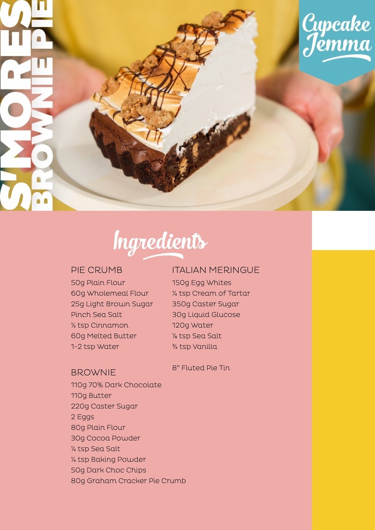 Slice of s'mores brownie pie with toasted meringue topping on a plate from Cupcake Jemma baking recipe