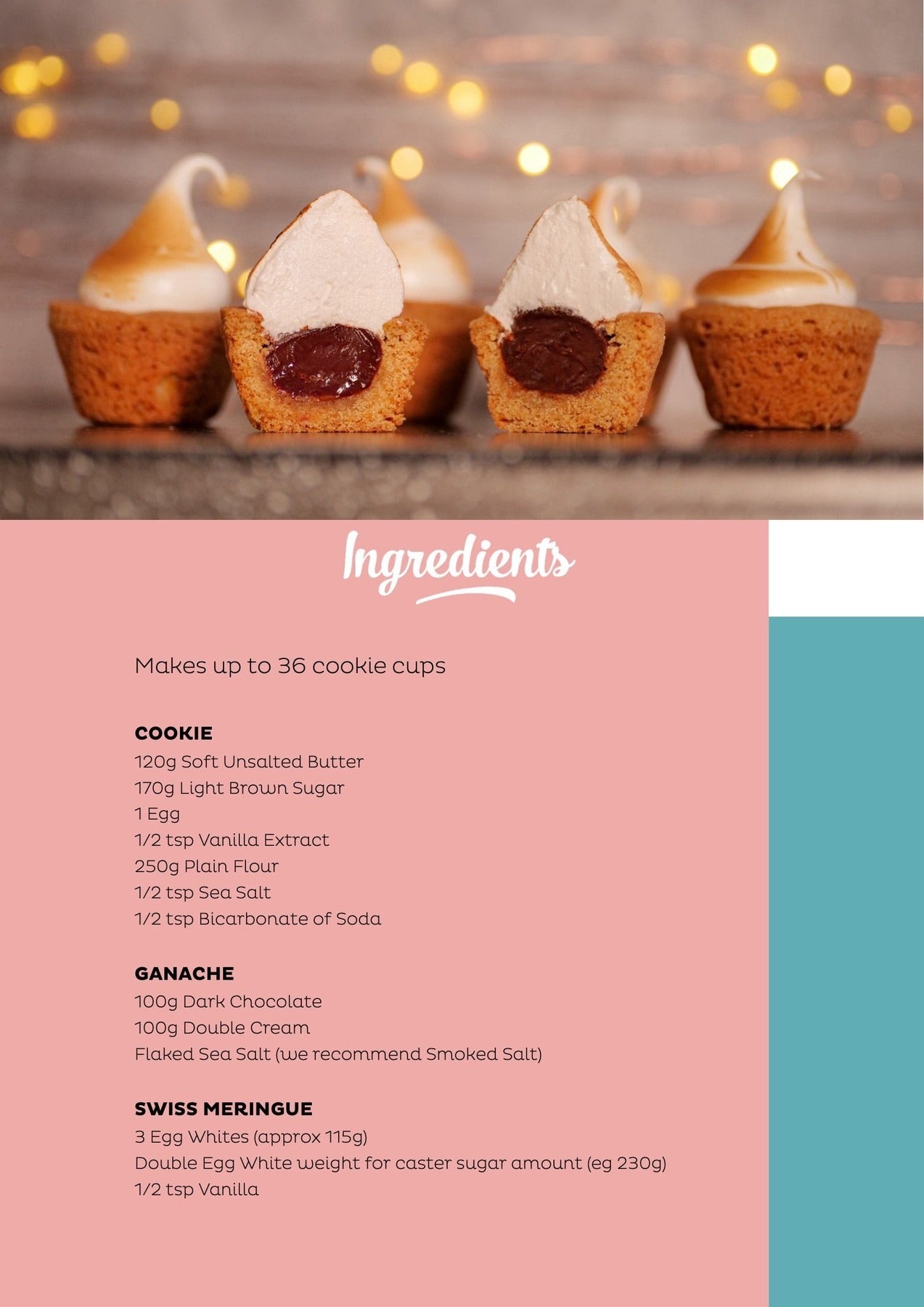 S'mores Cookie Cups with toasted meringue tops and chocolate filling, shown with recipe ingredients for baking.