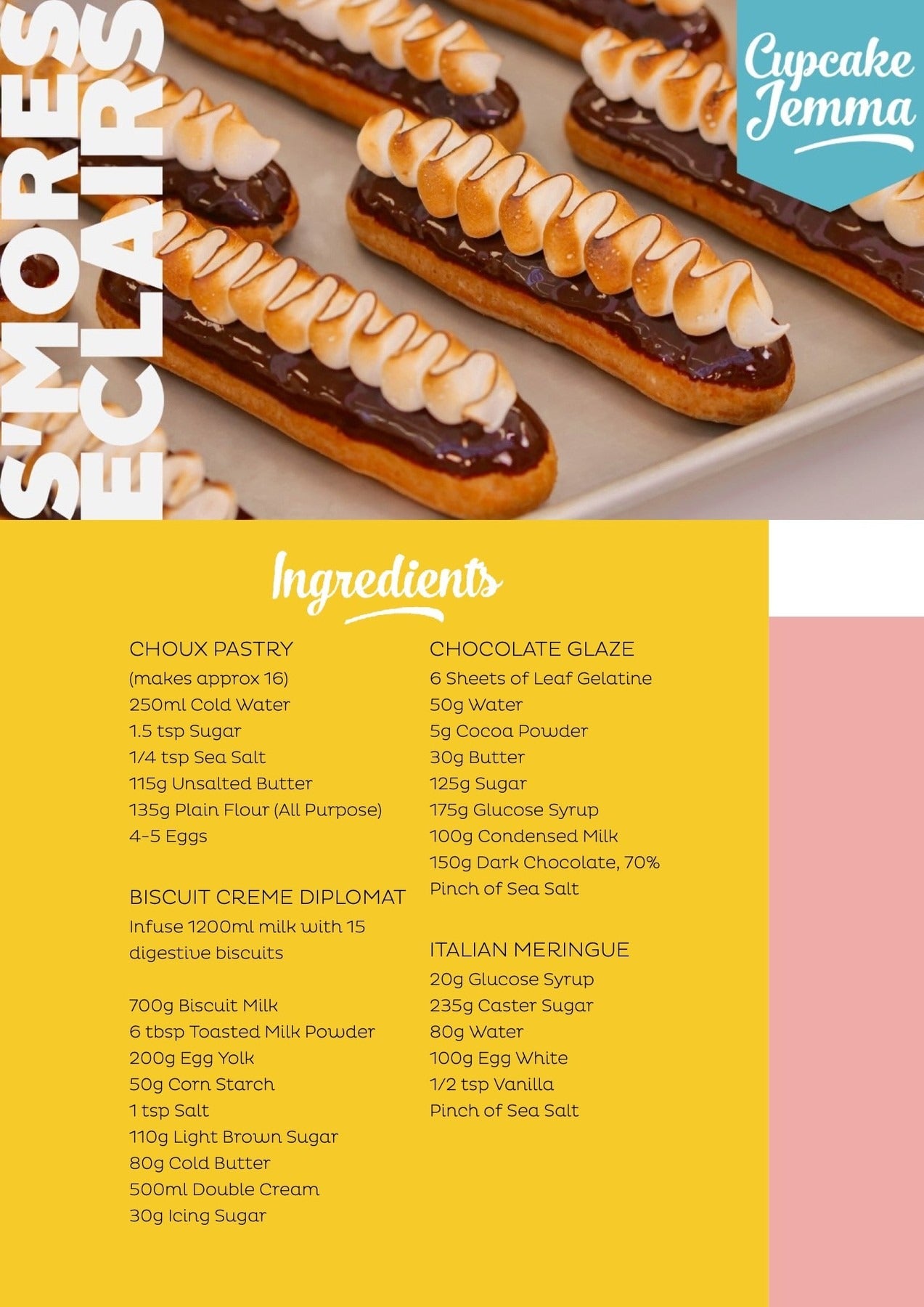 S’mores Eclairs with toasted meringue, chocolate glaze, and biscuit creme diplomat by Cupcake Jemma recipe download.