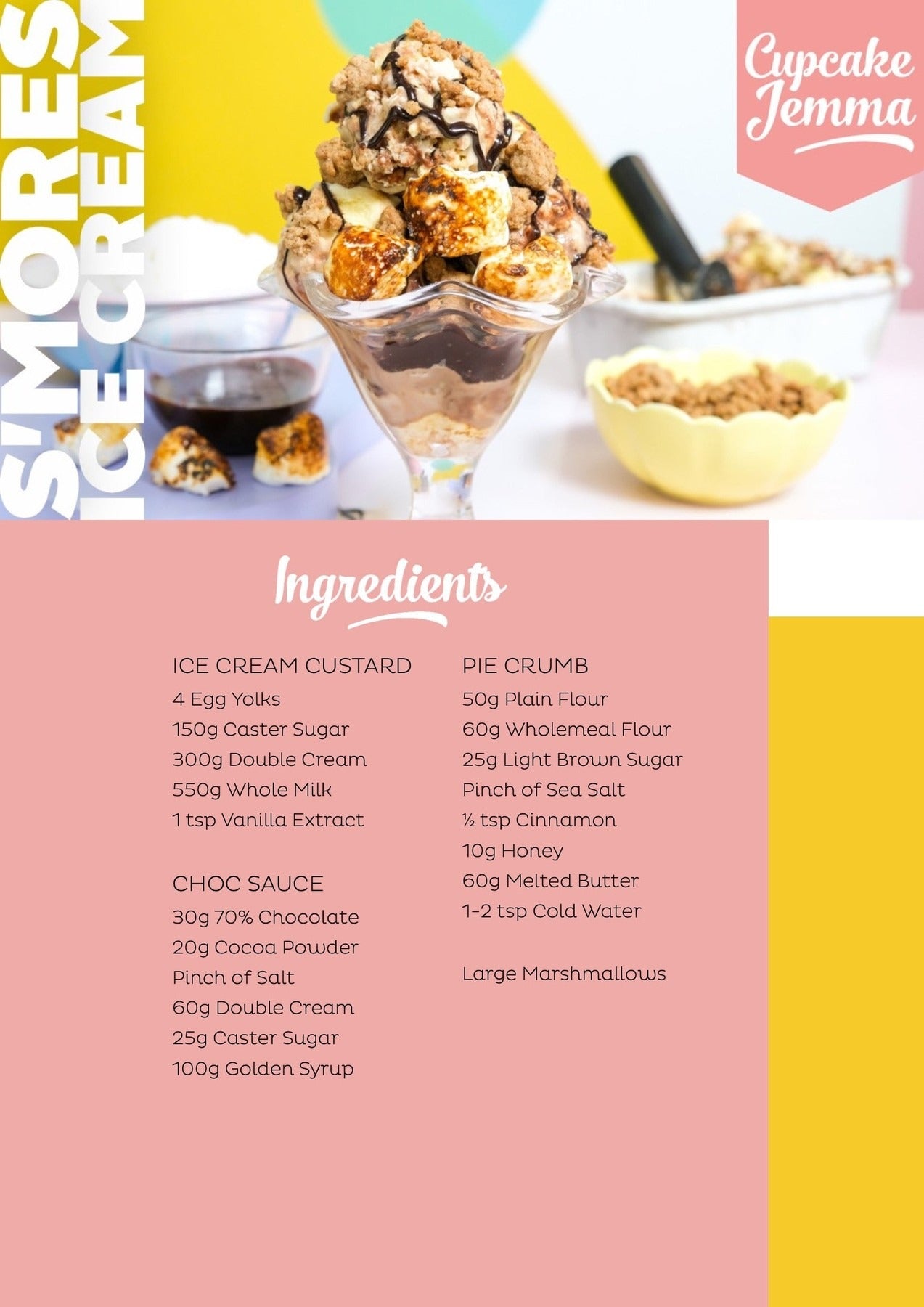 S'mores Ice Cream downloadable recipe by Cupcake Jemma featuring roasted marshmallows and chocolate drizzle dessert.