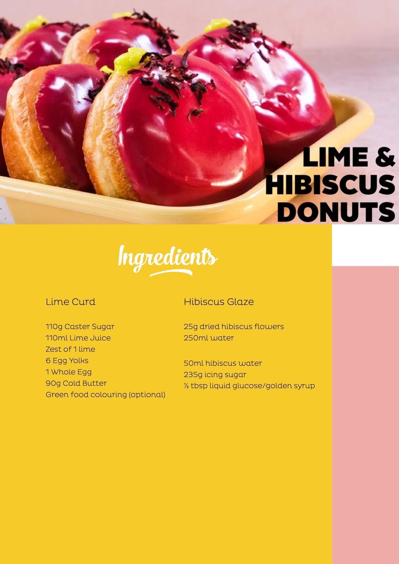 Close-up of glossy lime and hibiscus donuts with recipe ingredients for Sally's Lime & Hibiscus Donuts downloadable recipe.
