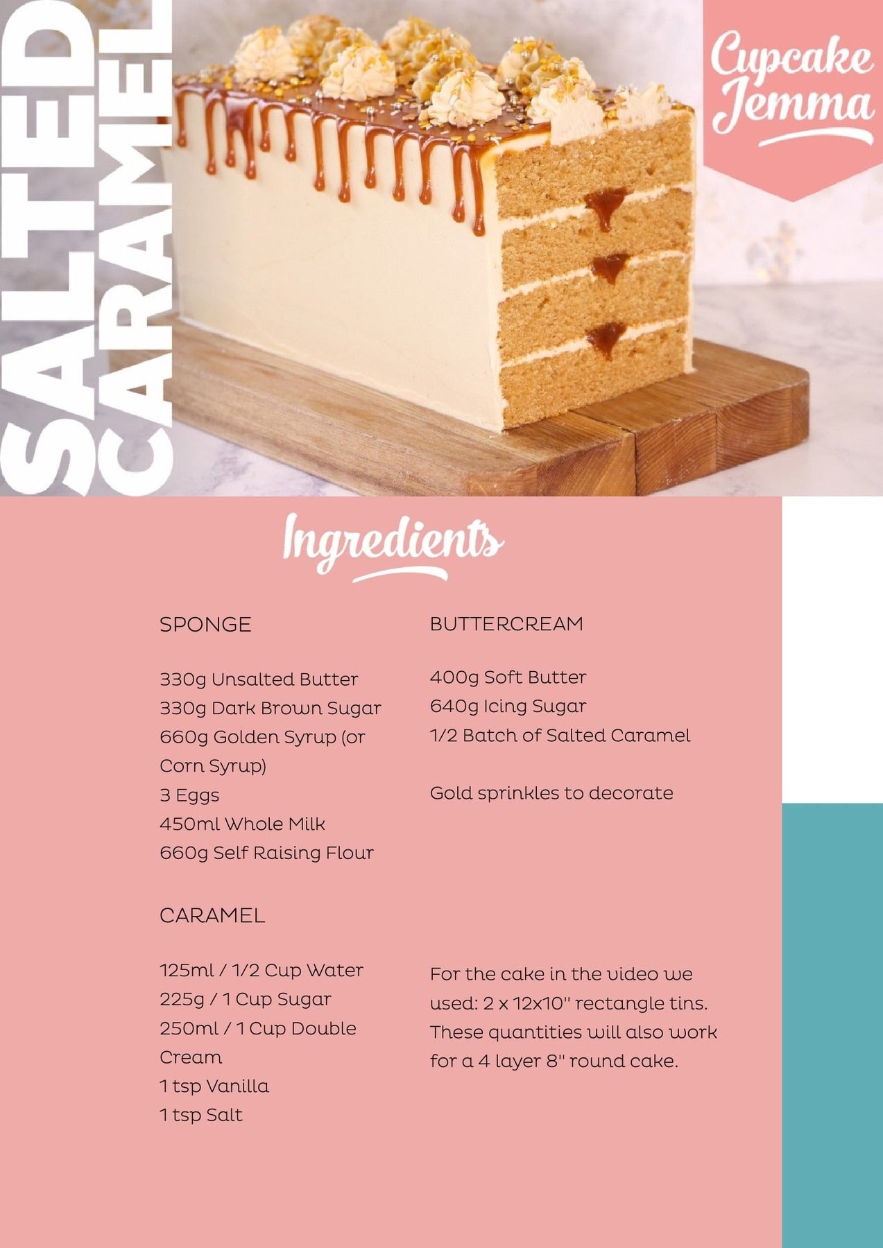 Slice of salted caramel cake with dripping caramel and buttercream topping on wooden board recipe card