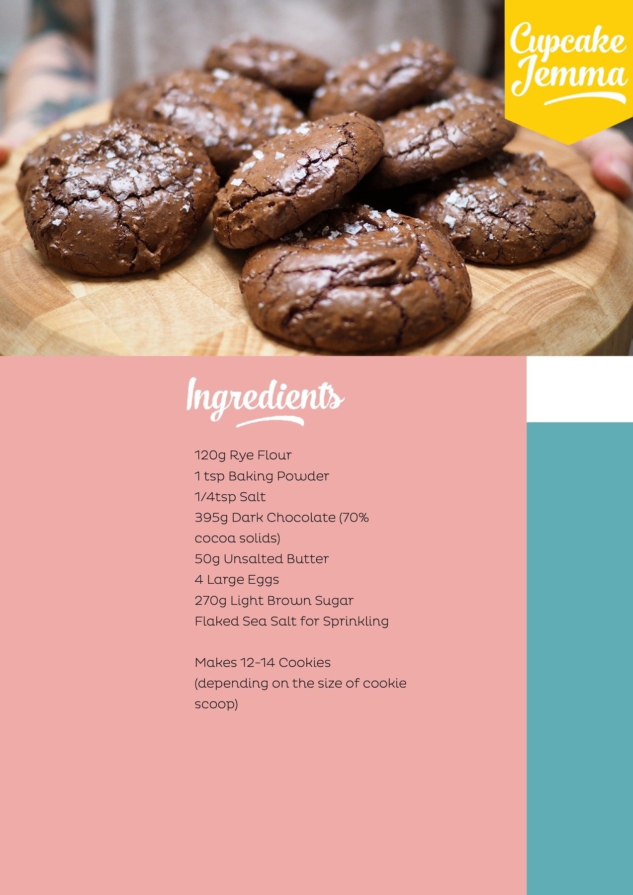 Close-up of salted chocolate brownie cookies on wooden board with recipe ingredients for baking Cupcake Jemma treat