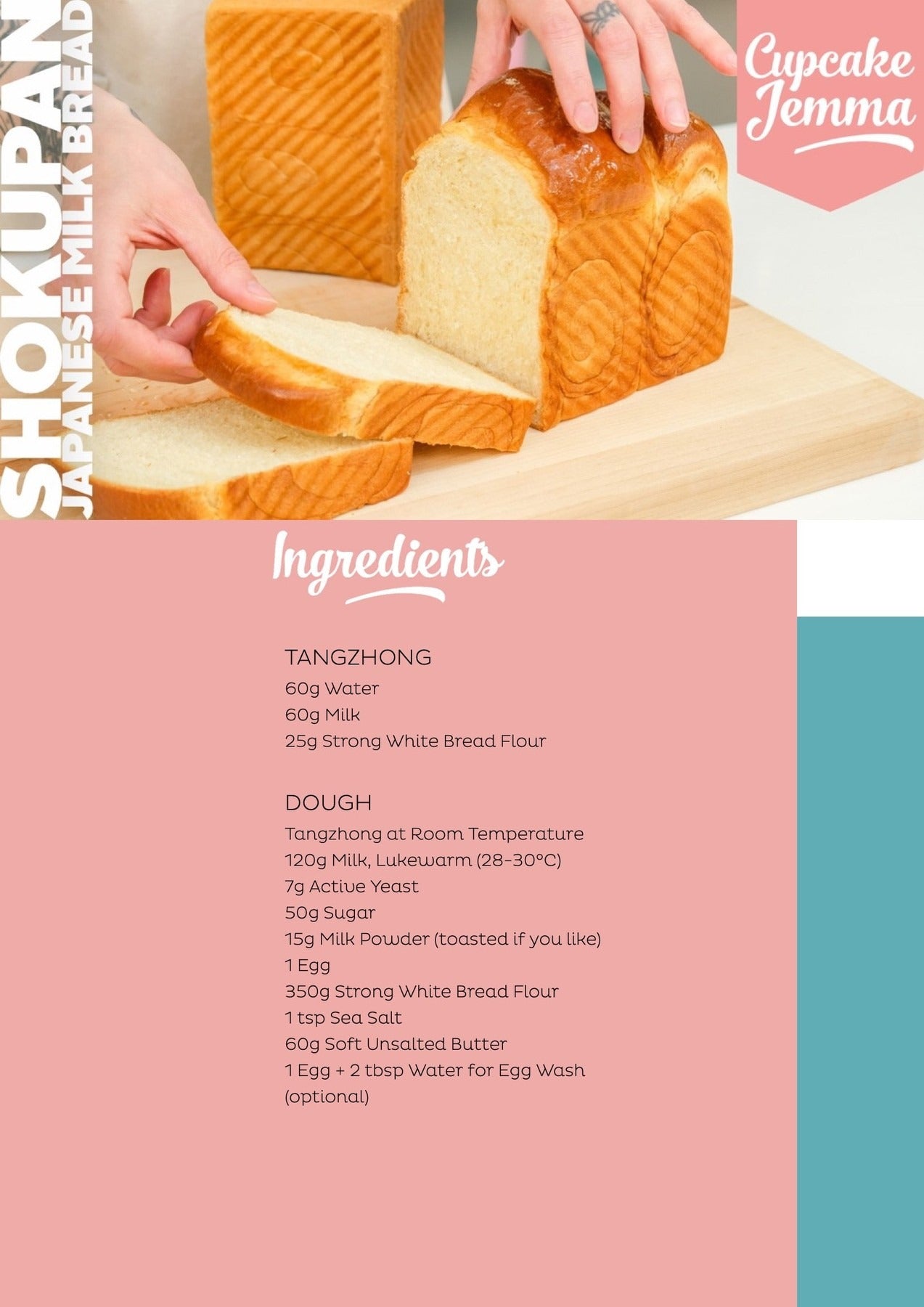 Hands slicing soft golden loaf of Shokupan Bread with recipe ingredients listed and Cupcake Jemma branding visible