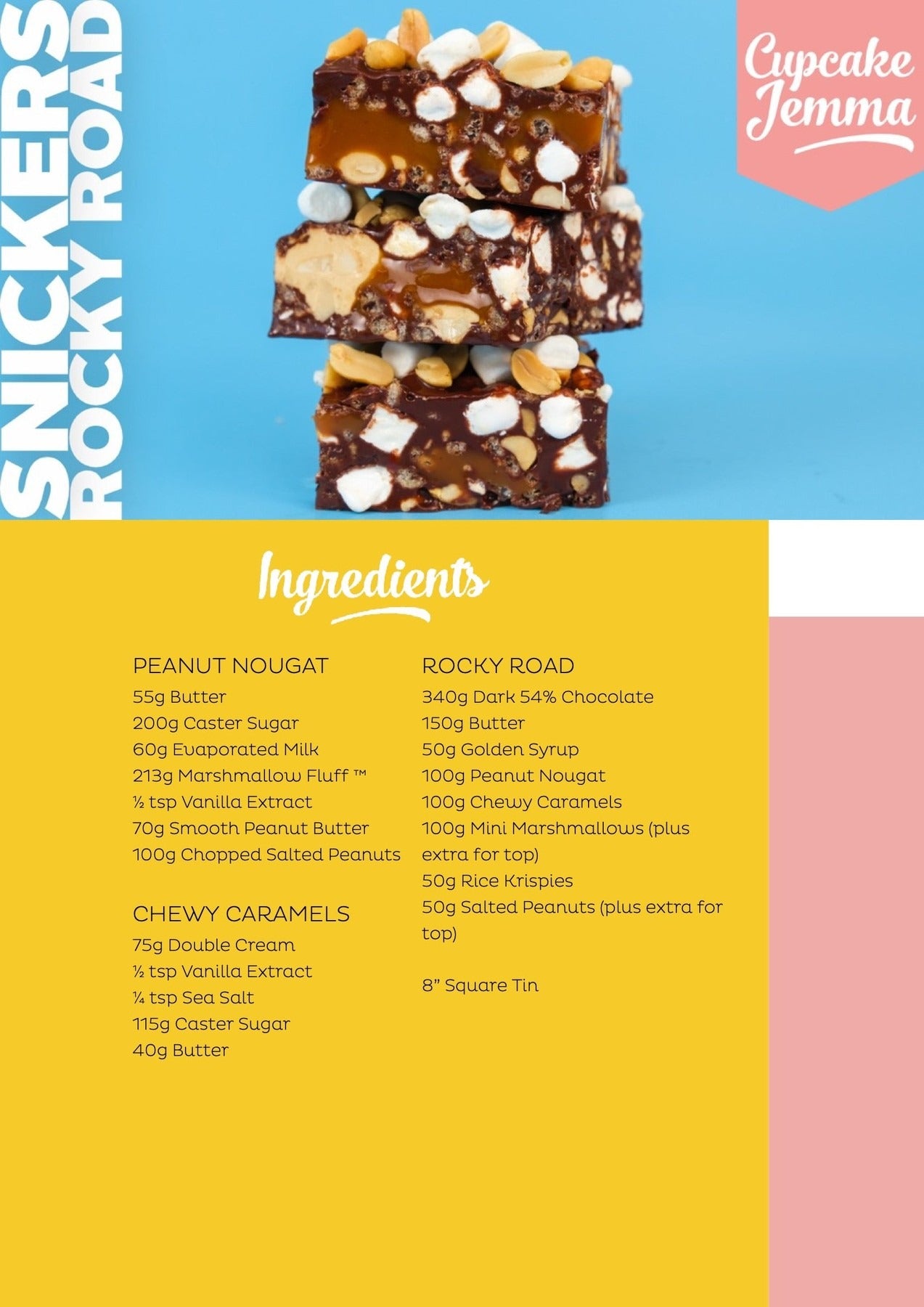 Three stacked Snickers Rocky Road bars showing peanuts, marshmallows, caramel, and chocolate chunks by Cupcake Jemma recipe.