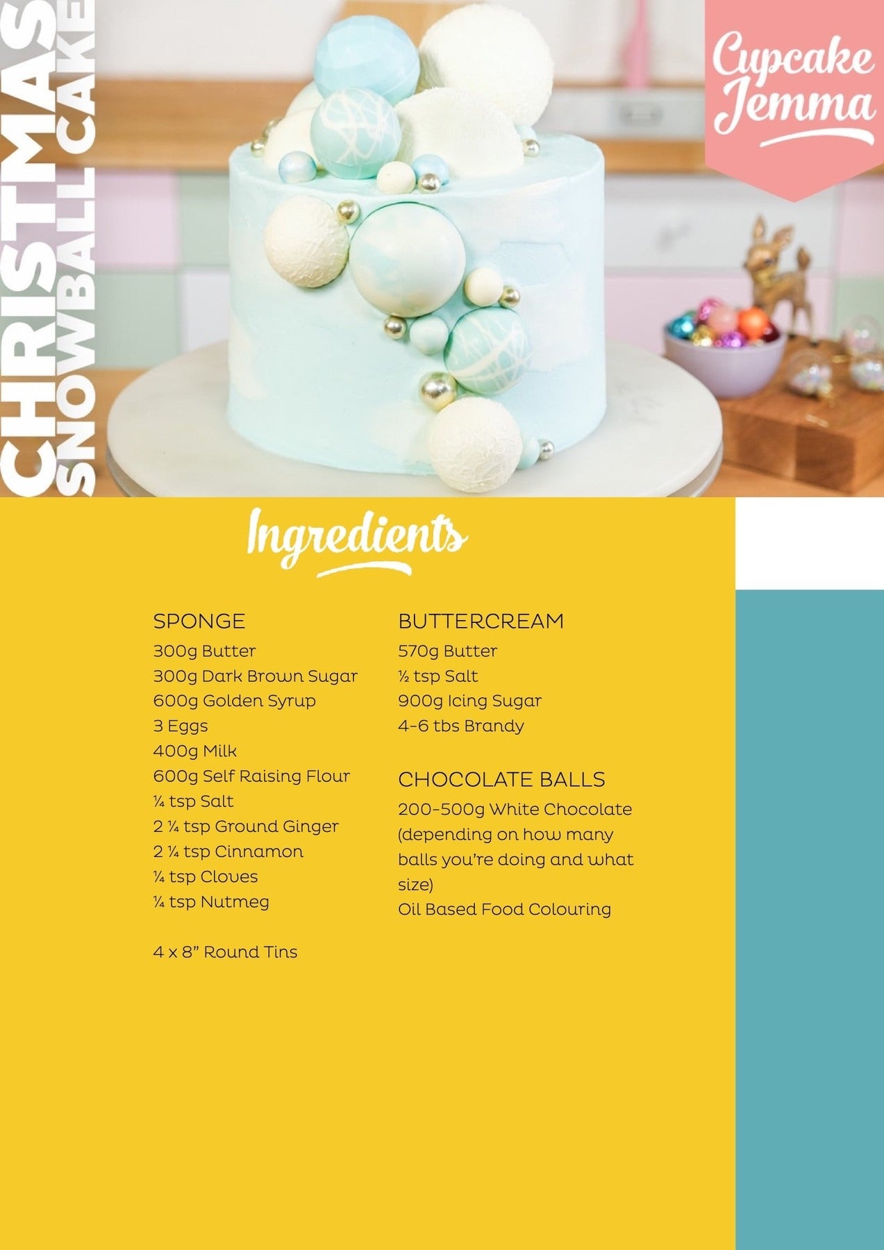 Christmas-themed Snowball Cake with blue and white decorations featured in Cupcake Jemma baking recipe download