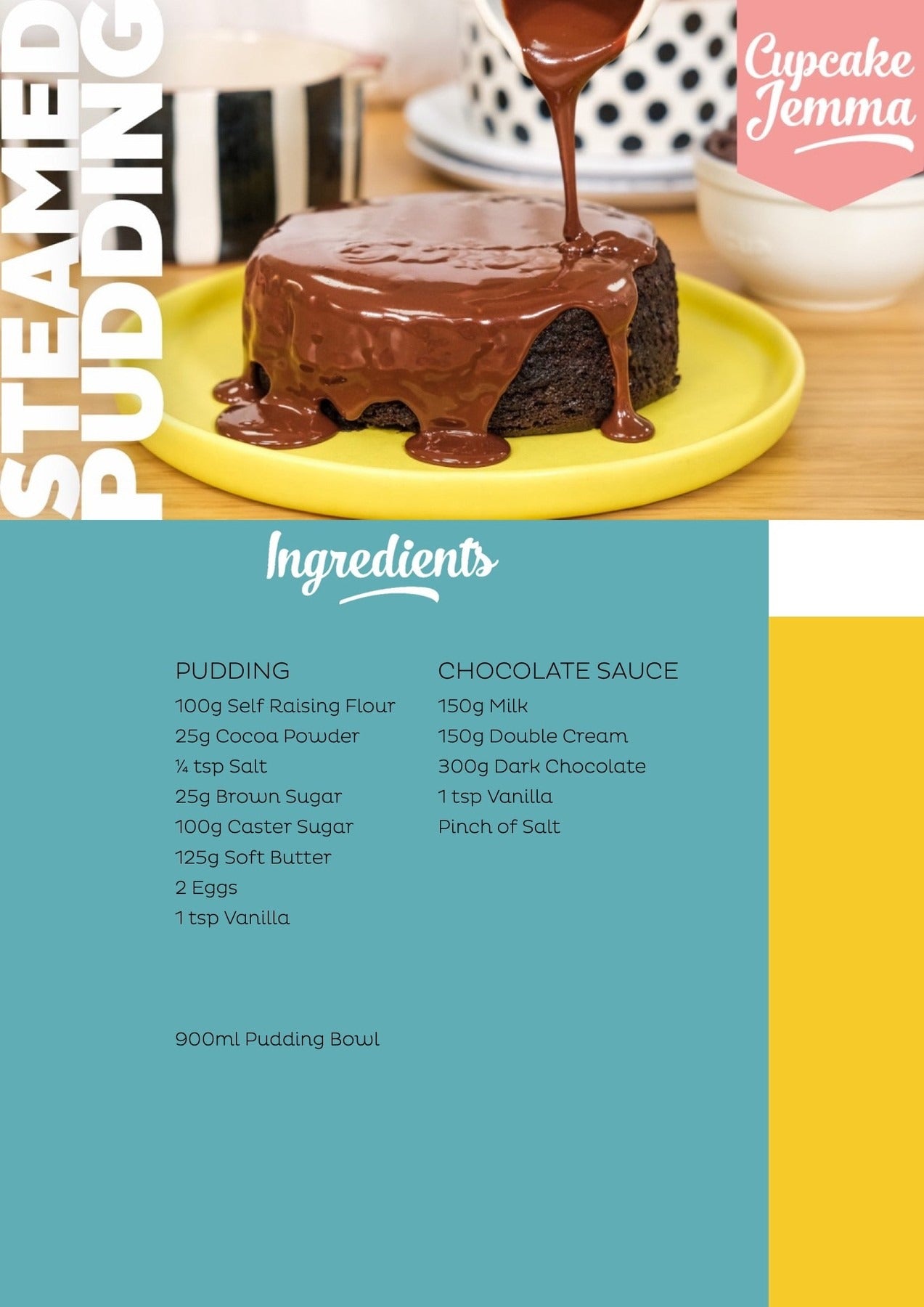 Steamed Chocolate Pudding with rich chocolate sauce pouring over moist cake on a yellow plate by Cupcake Jemma
