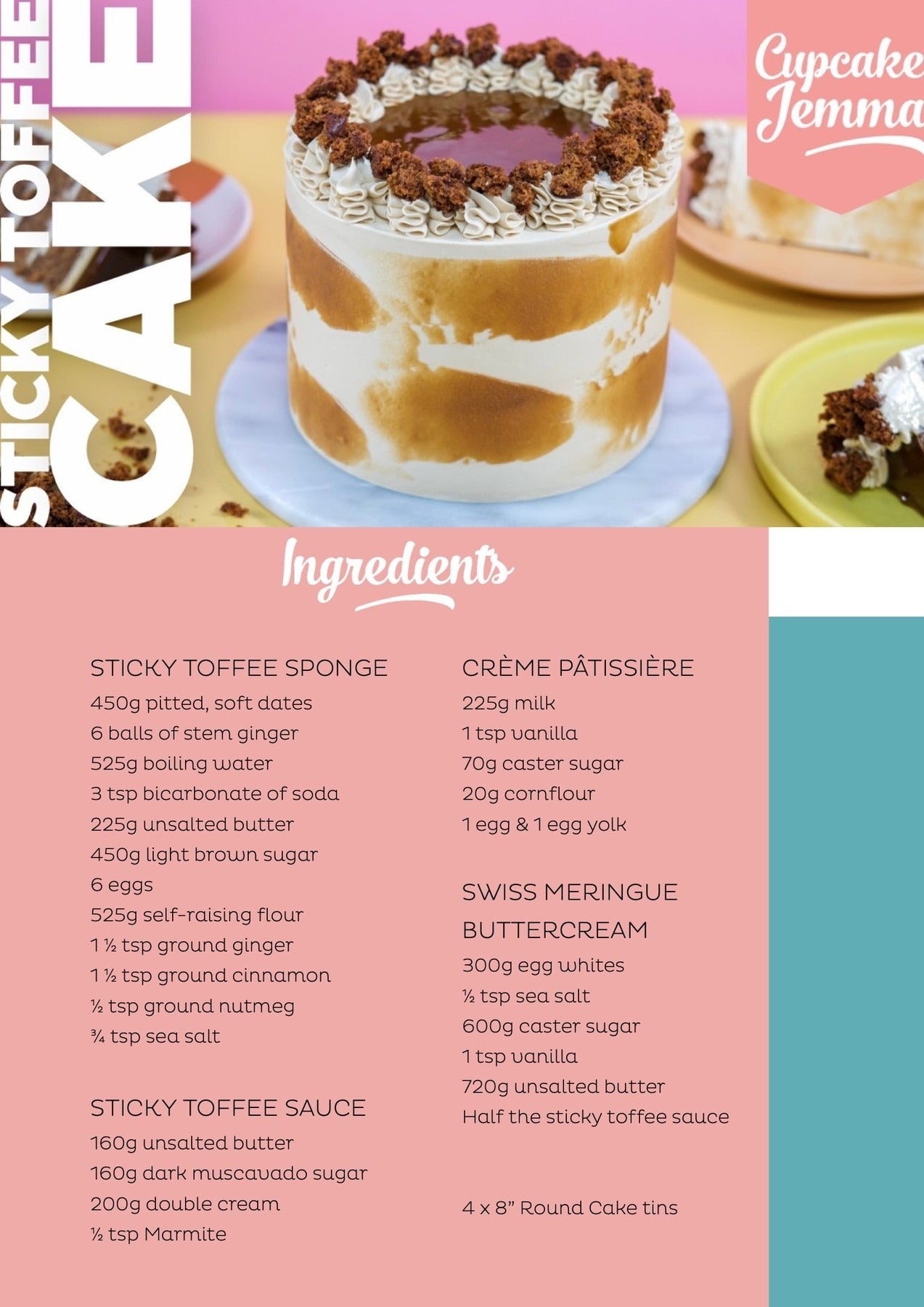 Cupcake Jemma Sticky Toffee Cake downloadable recipe with rich sponge and creamy frosting on a blue cake stand