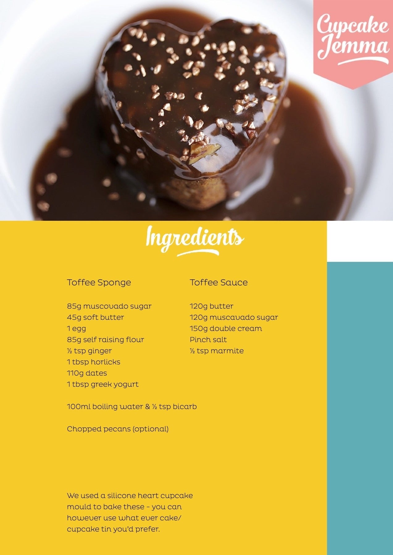 Close-up of heart-shaped sticky toffee pudding covered in rich toffee sauce from Cupcake Jemma recipe download