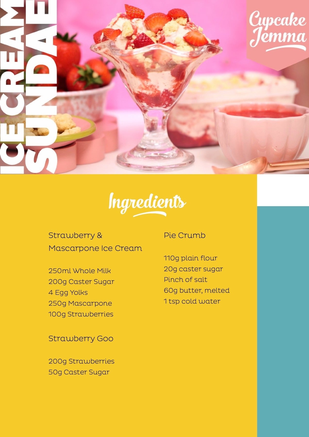 Strawberry Shortcake Ice Cream downloadable recipe ingredients list with a sundae served in a glass and Cupcake Jemma branding.