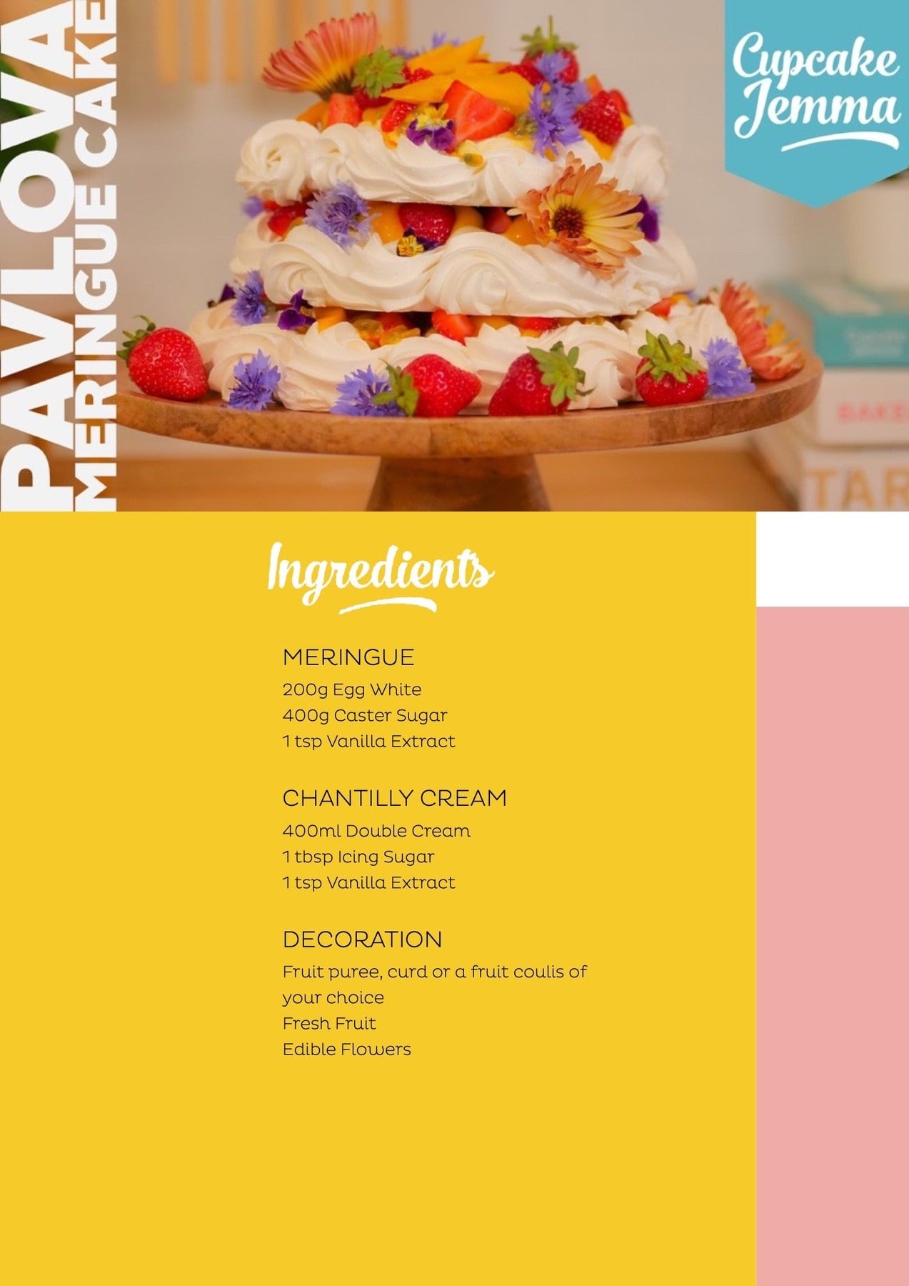 Three-layer Summer Meringue Pavlova Cake with cream, fresh fruit, and edible flowers on wooden stand by Cupcake Jemma