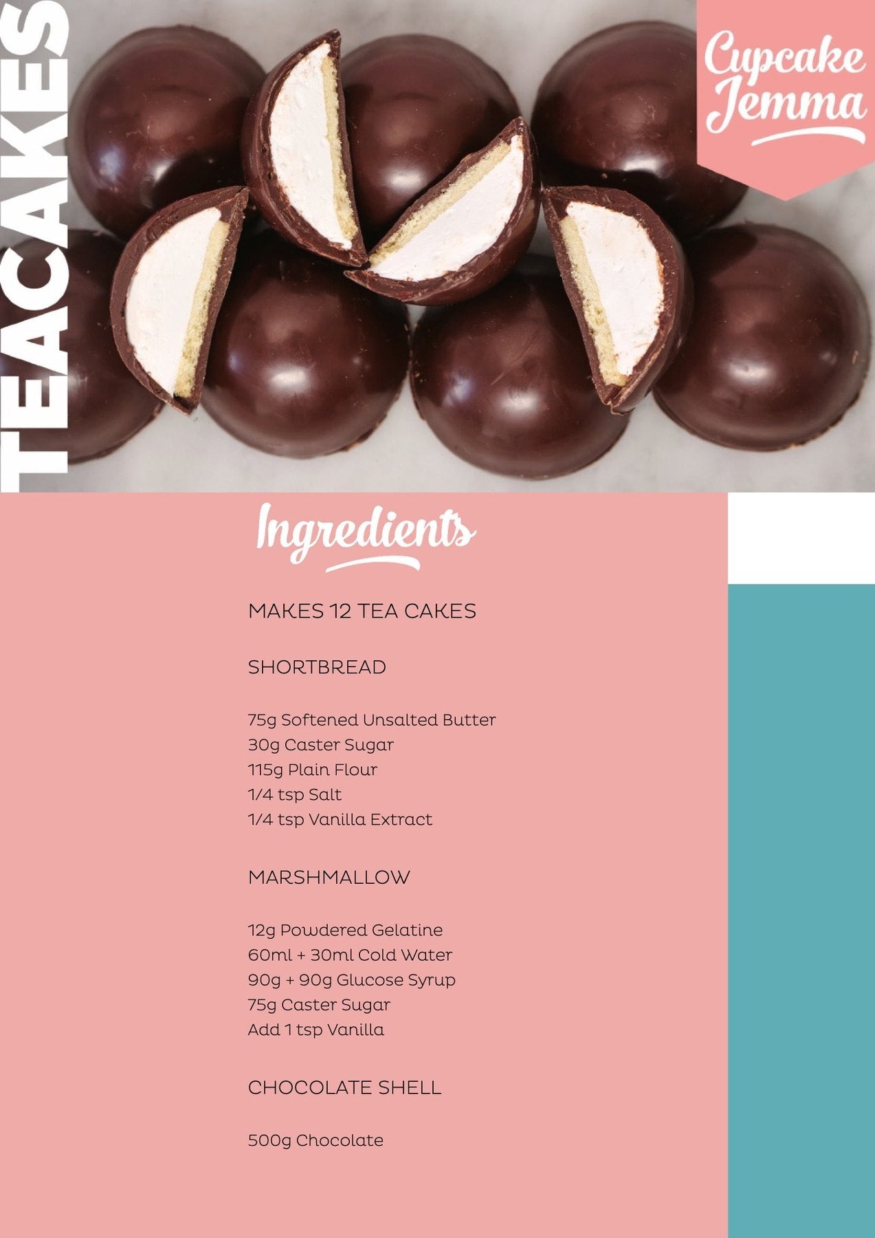 Tea Cakes downloadable recipe image featuring chocolate-covered marshmallow treats by Cupcake Jemma with ingredients list.