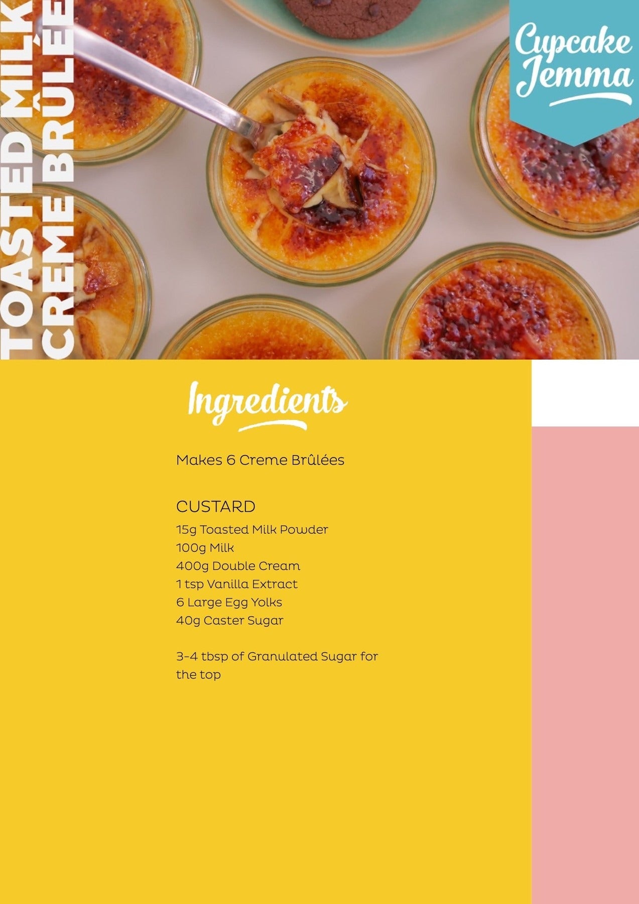 Top view of creamy Toasted Milk Creme Brûlée desserts with caramelized sugar and a spoon scooping one out by Cupcake Jemma