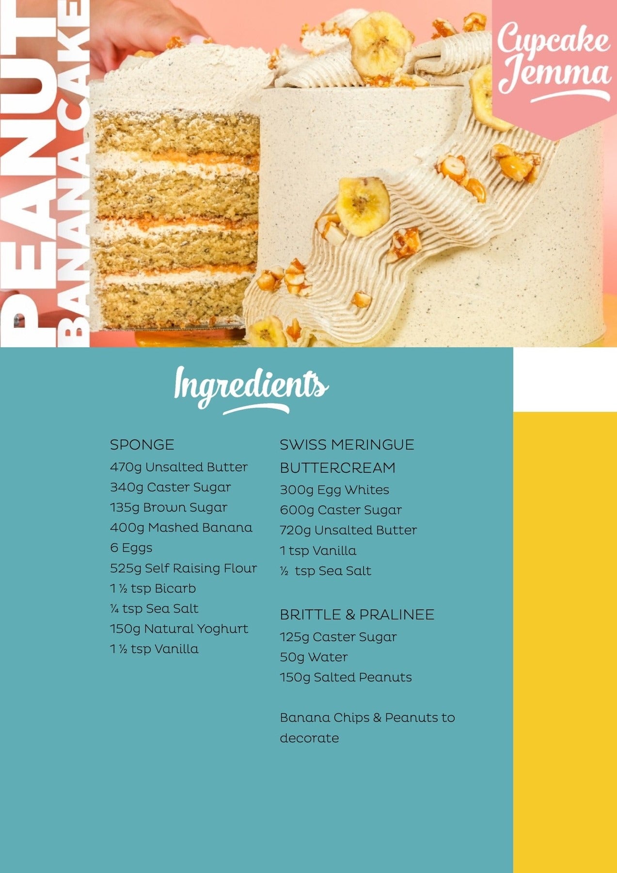 Layered Toasty Banana and Peanut Cake with Swiss meringue buttercream and peanut decorations by Cupcake Jemma recipe