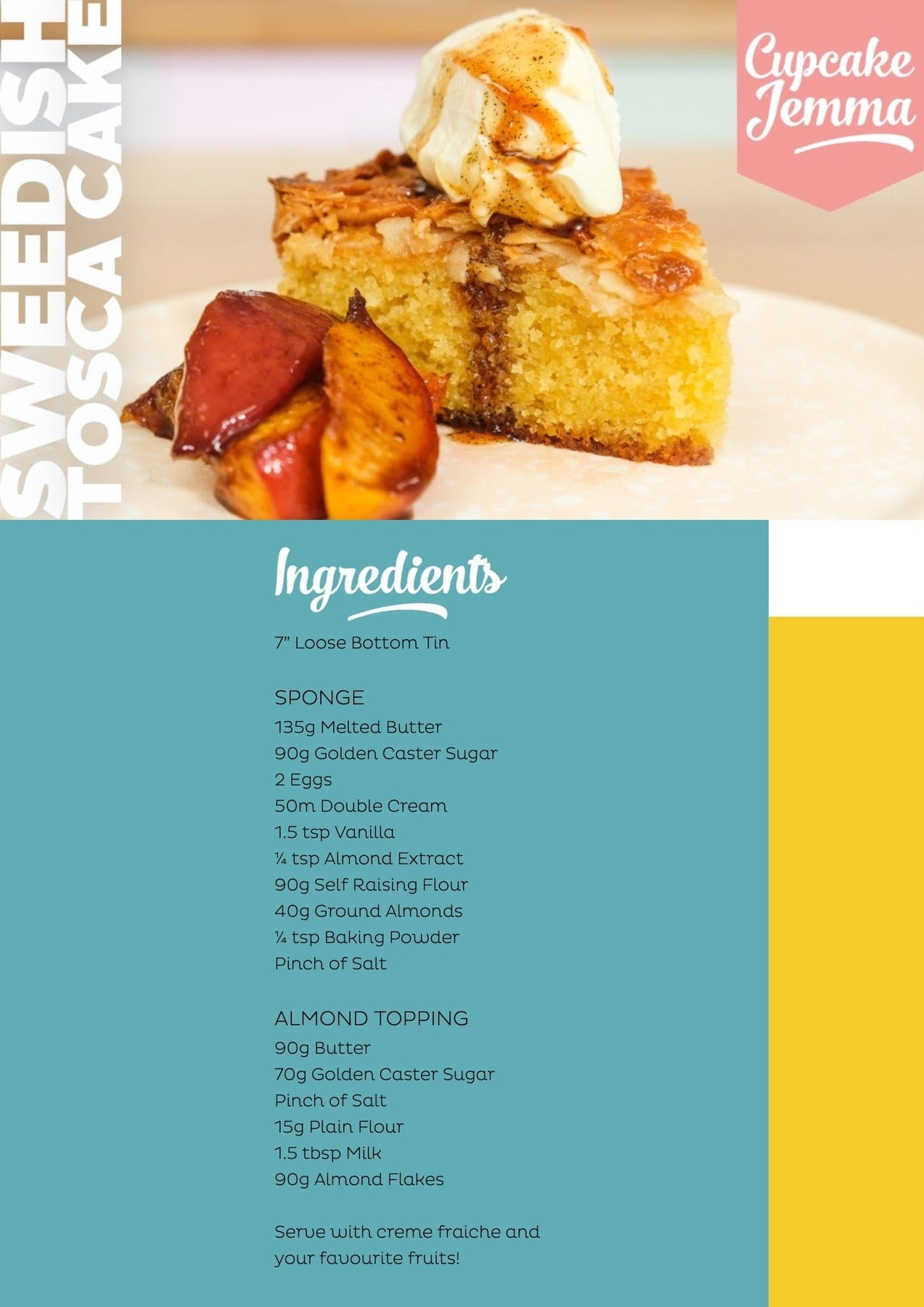 Slice of Swedish Tosca Cake topped with cream and caramelized almond flakes with roasted fruit on the side