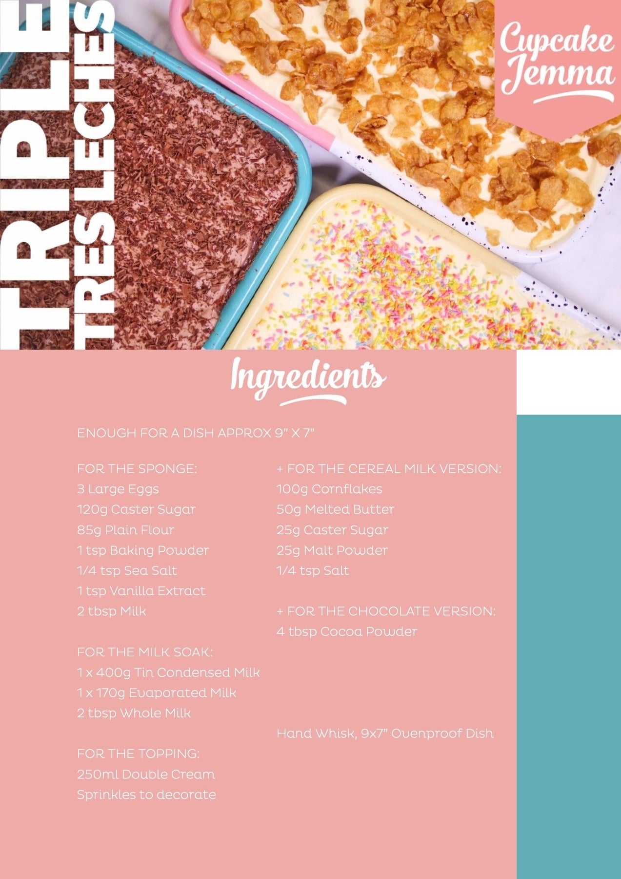 Tres Leches Cake 3 Ways downloadable recipe showing three creamy cake variations with different toppings by Cupcake Jemma