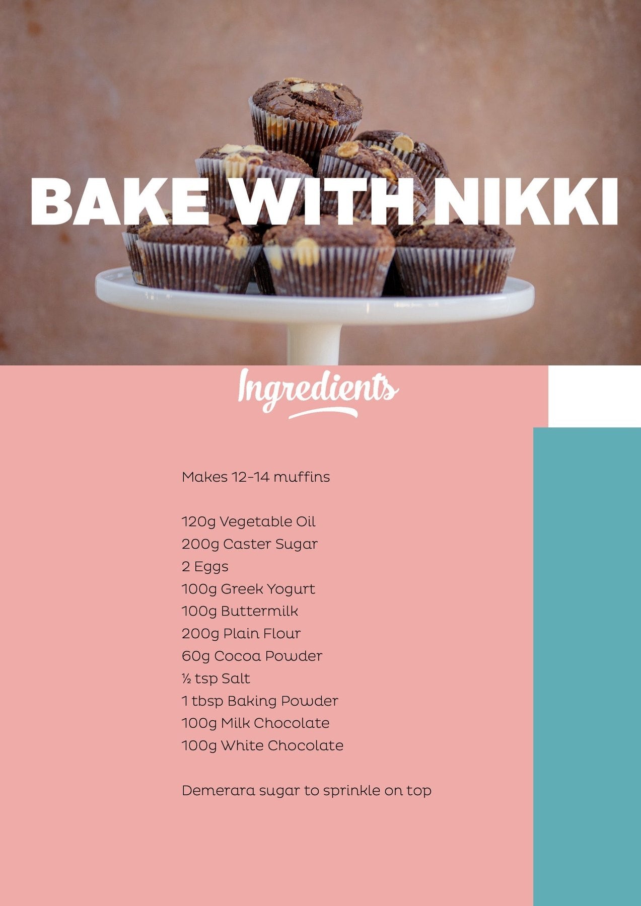 Stack of triple chocolate muffins on a white stand with Bake with Nikki text and ingredients list below