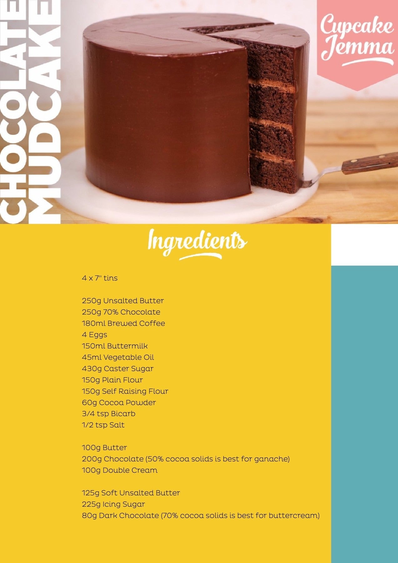 Rich chocolate mudcake with glossy ganache and layered sponge, Ultimate Chocolate Cake downloadable recipe by Cupcake Jemma.