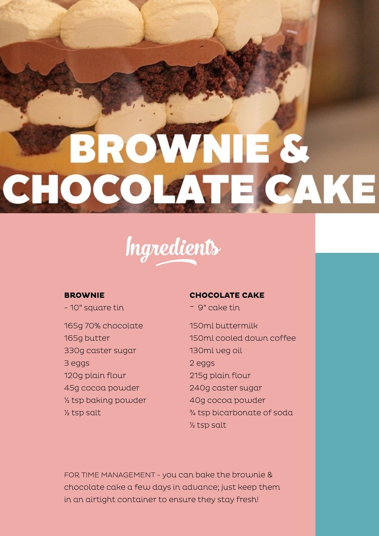 Close-up of layered brownie and chocolate cake trifle with recipe ingredients for Ultimate Salted Caramel Chocolate Trifle downloadable recipe