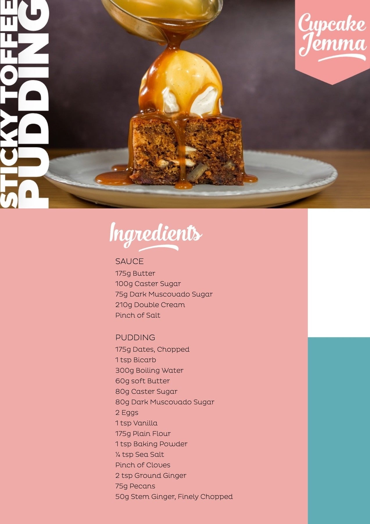 Sticky toffee pudding slice with ice cream and toffee sauce pouring from a spoon, recipe by Cupcake Jemma