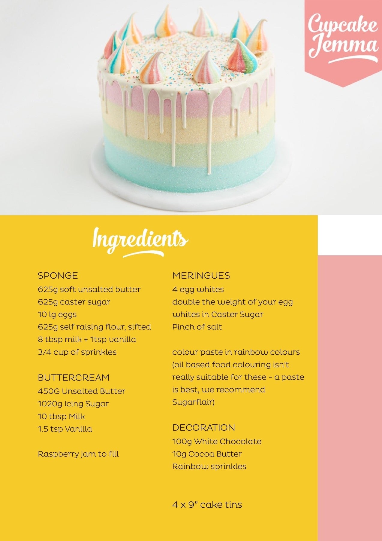 Pastel rainbow layered cake with colorful meringue decorations and white chocolate drip from Unicorn Cake downloadable recipe by Cupcake Jemma