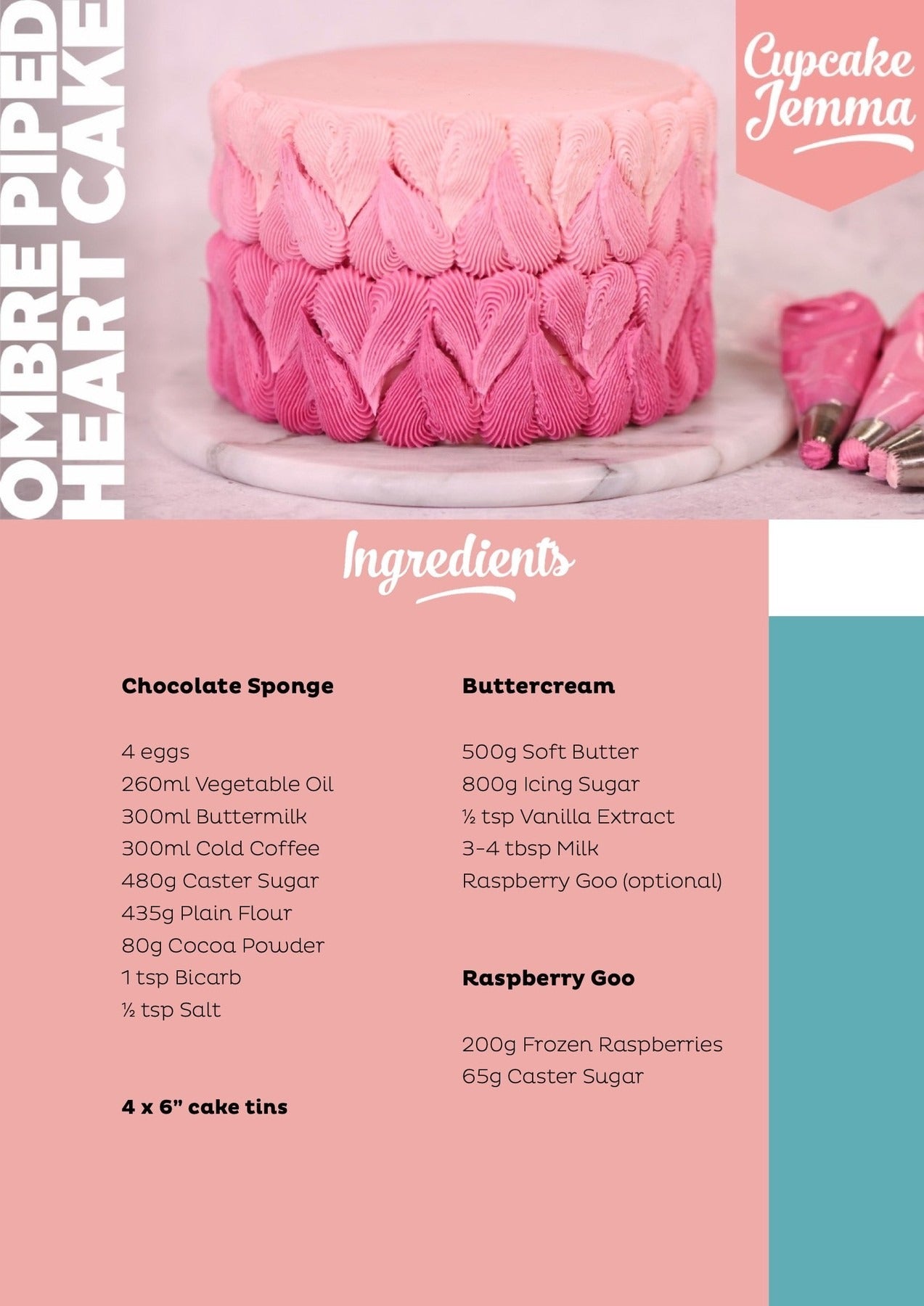 Valentine’s Piped Heart Cake downloadable recipe showing pink ombre heart piped buttercream on cake side