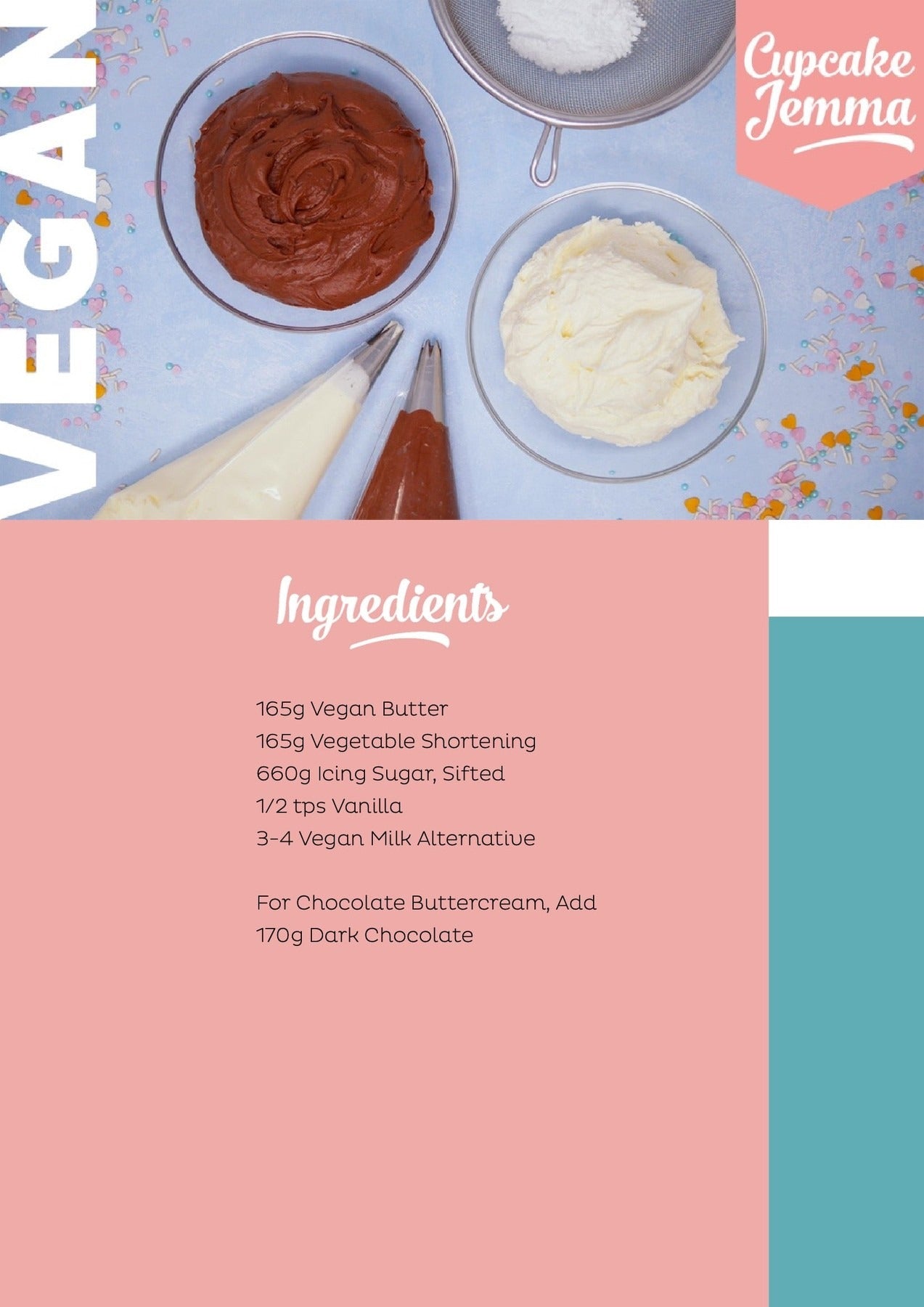 Ingredients list and piping bags with vegan buttercream frosting for Cupcake Jemma vegan buttercream downloadable recipe.