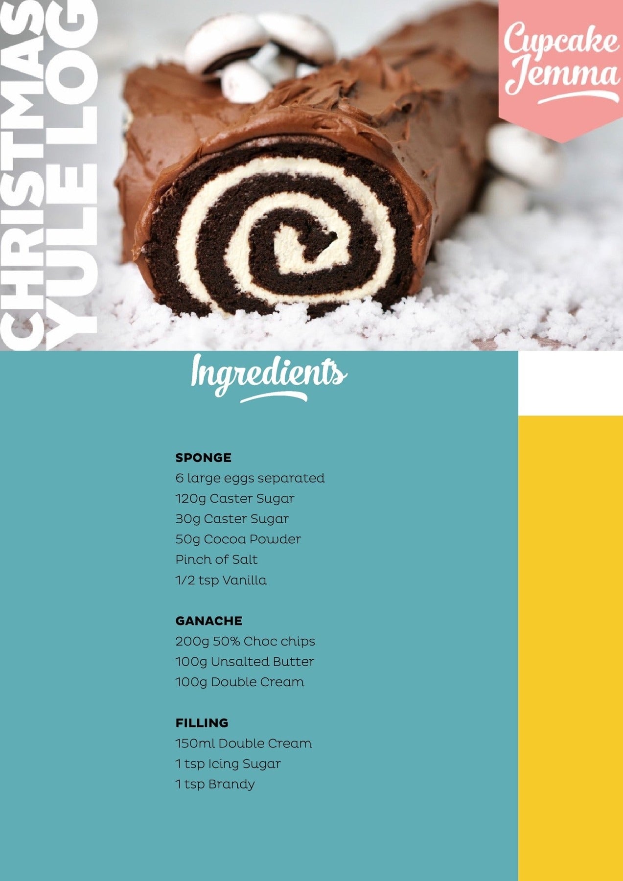 Chocolate yule log with cream filling and chocolate ganache featured in Cupcake Jemma’s Yule Log downloadable recipe.